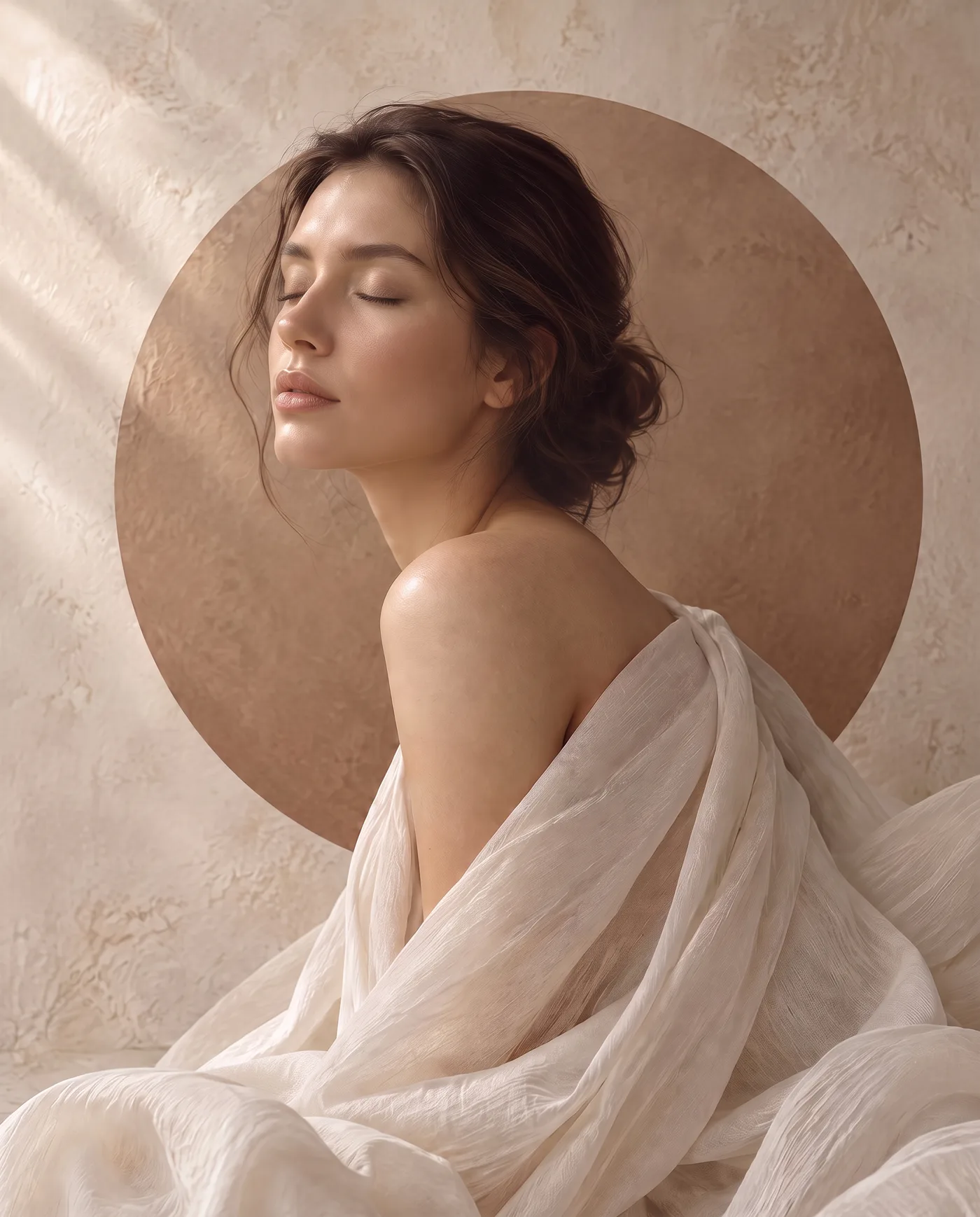Retrato sereno de uma mulher em perfil, envolta em tecido fluido, em tons de creme, taupe e rosé — a presença humana da estética Be.
